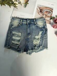 女士休闲牛仔迷你短裤，毛边裤脚和纽扣细节设计，中等弹力直筒裤型 - 藍色 - 查看 5