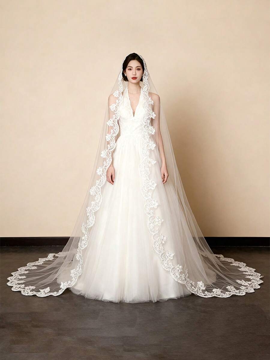 1 chiếc khăn voan dài ren thêu cho cô dâu, khăn voan một lớp dành cho lễ cưới và chụp ảnh cưới. - trắng - Xem 1