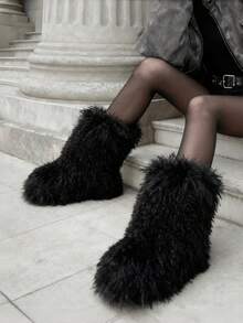 Winter Knee High Boots For Women Pull-On Faux Fur Boots Furry Fluffy Round Toe Fashion Boots Suede Comfy Plush Warm Knee High Boots Outdoor Indoor Flat Shoes Party Dressy Women Winter Boots - 黑色-D - 查看 10