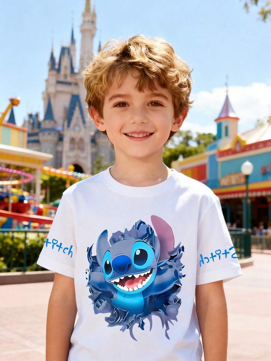 Disney Boys' T-Shirt, Creative Stitch Multi-Position Cartoon Alphabet Design Double-Sided Print, Summer Boys' Cotton Crew Neck Short Sleeve, Suitable For Everyday Wear, Vacations, Outdoor Activities, And As A Gift For Children. - 白色 - 查看 1