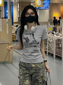 女士纯色韩版字母印花短袖修身休闲T恤 夏季 - 灰色 - 查看 4