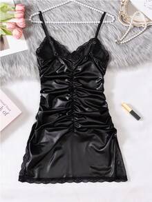 Sexy Lingerie Faux Leather Lace Trim Ruched Slip Dress - Black - View 7