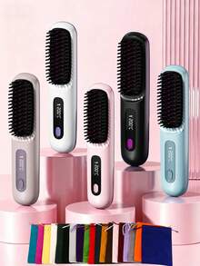 Women's Wireless Portable Hair Straightener, USB Rechargeable Negative Ion Hot Air Brush, Effectively Smooths Frizzy Hair For Shiny And Soft Tresses, Anti-Scald Design, 3 Temperature Settings, 30s Quick Heating, 2000mAh Battery Lasts 30 Minutes, Suitable For Short Hair, Bangs, Long Hair And Curly Hair, Ideal Christmas Gift For Women - Multicolor - View 12