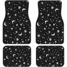 4pcs Black & White Celestial Car Floor Mats Set - Non-Slip Moon Phases, Stars & Night Sky Design (Crescent/Moon/Star) Fit For SUV, Truck, Van - Heavy-Duty All-Weather, Easy-Clean Auto Accessories - 月亮和星星 - 查看 3