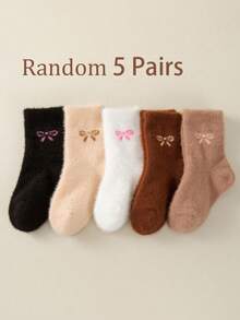 5 Pairs Random Brown Cute Bow Design Thickened Plush Lined Mid-Calf Socks For Kids, Solid Color, Warm And Comfortable For Winter