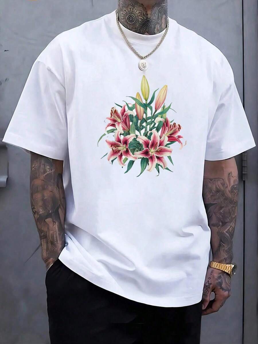 100% Cotton White Lily of the Valley - Camiseta de acuarela de flores de primavera, Negro -, Pequeña .Men's interesting fashion short-sleeved shirts - Blanco - Ver 1