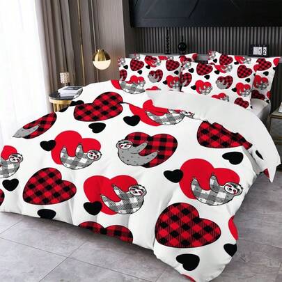 2/3件套数码爱心印花被套组（被套*1，枕套*1/2，不含被芯和枕芯），亲肤柔软舒适，适用于酒店、客房、宿舍、卧室、床上用品，四季皆宜。