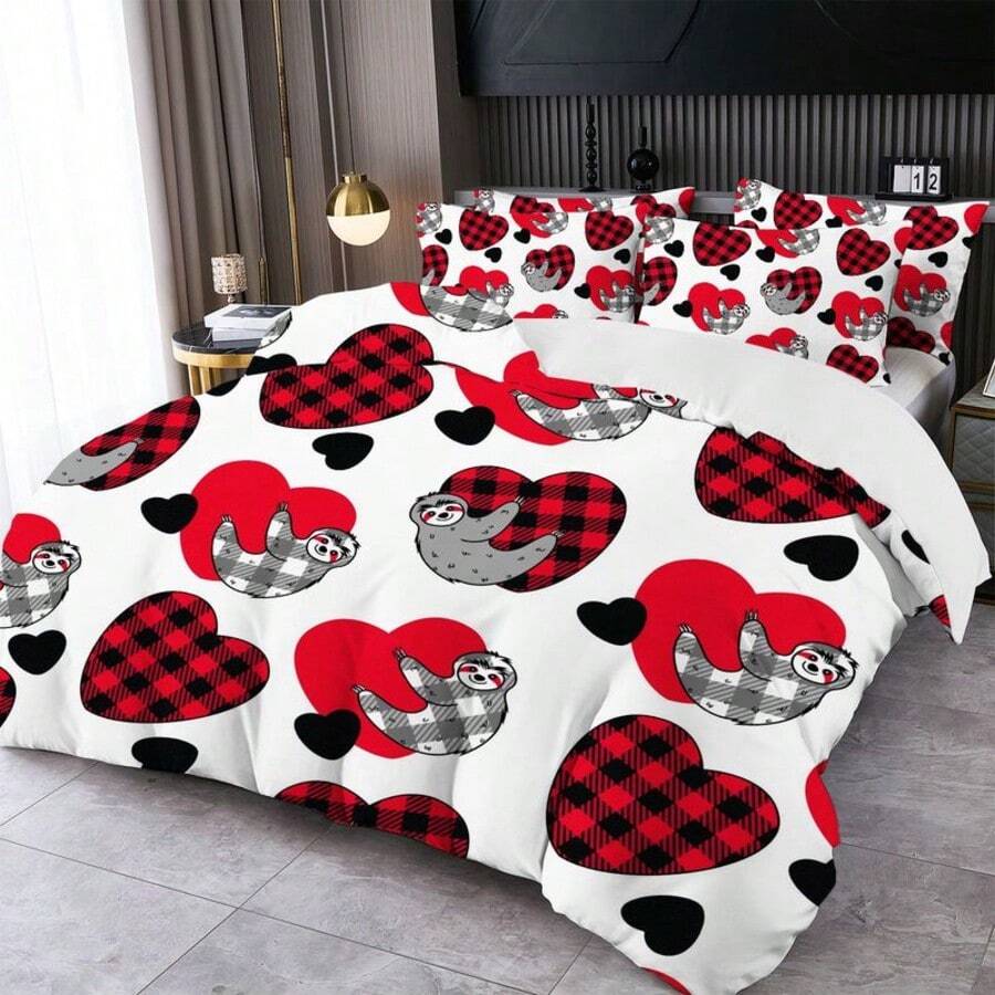 2/3件套数码爱心印花被套组（被套*1，枕套*1/2，不含被芯和枕芯），亲肤柔软舒适，适用于酒店、客房、宿舍、卧室、床上用品，四季皆宜。 - 彩色 - 查看 1