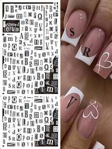 2pcs Retro Letter Nail Art Stickers, Self-Adhesive 3D Nail Stickers, Black Letter Nail Art Decals, Nail Art Accessories, Women DIY - 彩色 - 查看 1