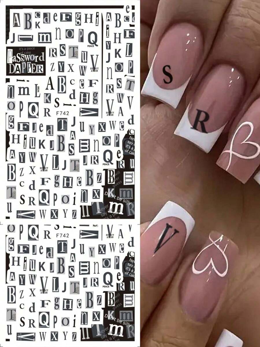 2pcs Retro Letter Nail Art Stickers, Self-Adhesive 3D Nail Stickers, Black Letter Nail Art Decals, Nail Art Accessories, Women DIY - 彩色 - 查看 1