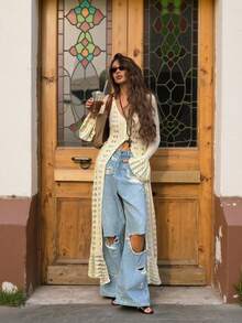 FOR BEAUTY V领长袖针织连衣裙，修身休闲度假设计，薄纱喇叭袖波西米亚风长裙，适合海滩、海边、游泳等场合。