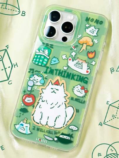 1个绿色卡通可爱猫咪图案硅胶保护壳，时尚个性，可爱又高级，适用于 17/17 Pro Max、 16 Pro Max/15 Pro/14、 13/12/11，适合作为情人节礼物、生日礼物或母亲节礼物送给家人、朋友、姐妹或女朋友。