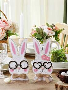 زوج أرانب خشبية عتيقة للديكور، أرانب بيضاء بطراز ريفي فارمهاوس لديكور المكتب والمنزل في عيد الفصح، هدية عيد الفصح الجميلة، قطعتان - متعدد الألوان - مشاهدة 2