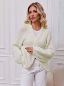 Women's Early Spring Fashion Thick Knit Lantern Sleeve Cardigan, V-Neck Buttonless Design Minimalist Soft & Cozy Long Sleeve Knit Sweater Jacket - Versatile Style - Beige - View 4