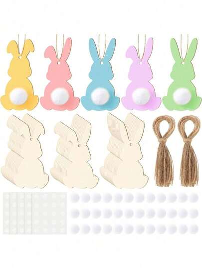 20pcs Wooden Rabbit Pendant, Easter Rabbit Hanging Decor, DIY Craft And Home Decoration, Particleboard, Easter Party Supplies, Unfinished Wooden Rabbit Silhouette With White Pom Pom, Hanging, Rabbit Shape Craft Tags, Wooden Pendant, DIY Decoration, Wooden Rabbit Cutout Easter Craft
