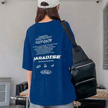 Women's Oversized Printed T-Shirt - Cheerful Paradise Phrase - Loose, Casual, Stylish, Modern, And Cool Blouse - 寶藍色 - 查看 13