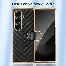 Fashionable Gold-Plated Ring Striped Leather Phone Case With Tempered Glass Screen Protector, Compatible With Samsung Galaxy Fold 3/4/5/6/7, Anti-Drop Protective Cover - Pink - View 3