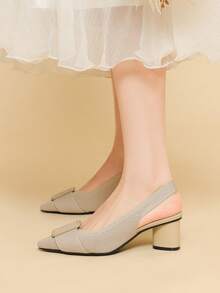 大码女式尖头休闲粗跟凉鞋，带踝带，透气面料，纯色 - 淺杏 - 查看 7