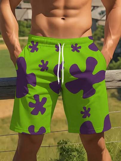 男士绿紫色卡通印花短裤，趣味时尚，适合日常出行、海滩休闲和度假穿着。