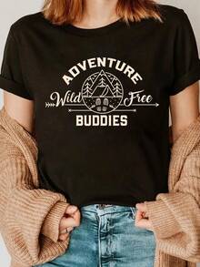 100% Cotton Unisex Funny Hiking Mountains Meme Quote Adventure Buddies T-Shirt Men's Women's Soft Crew Neck Tee Classic Fashion Summer Tops Printing Short Sleeve T-Shirt - màu đen - Xem 5
