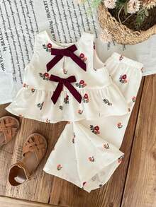 Set de 2 piezas con top sin mangas con estampado floral y pantalones casuales sueltos para niñas - Blanco - Ver 1