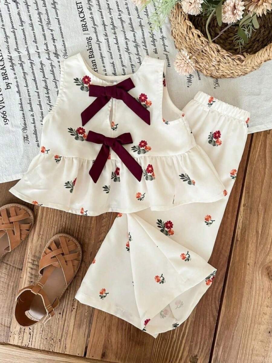 Set de 2 piezas con top sin mangas con estampado floral y pantalones casuales sueltos para niñas - Blanco - Ver 1