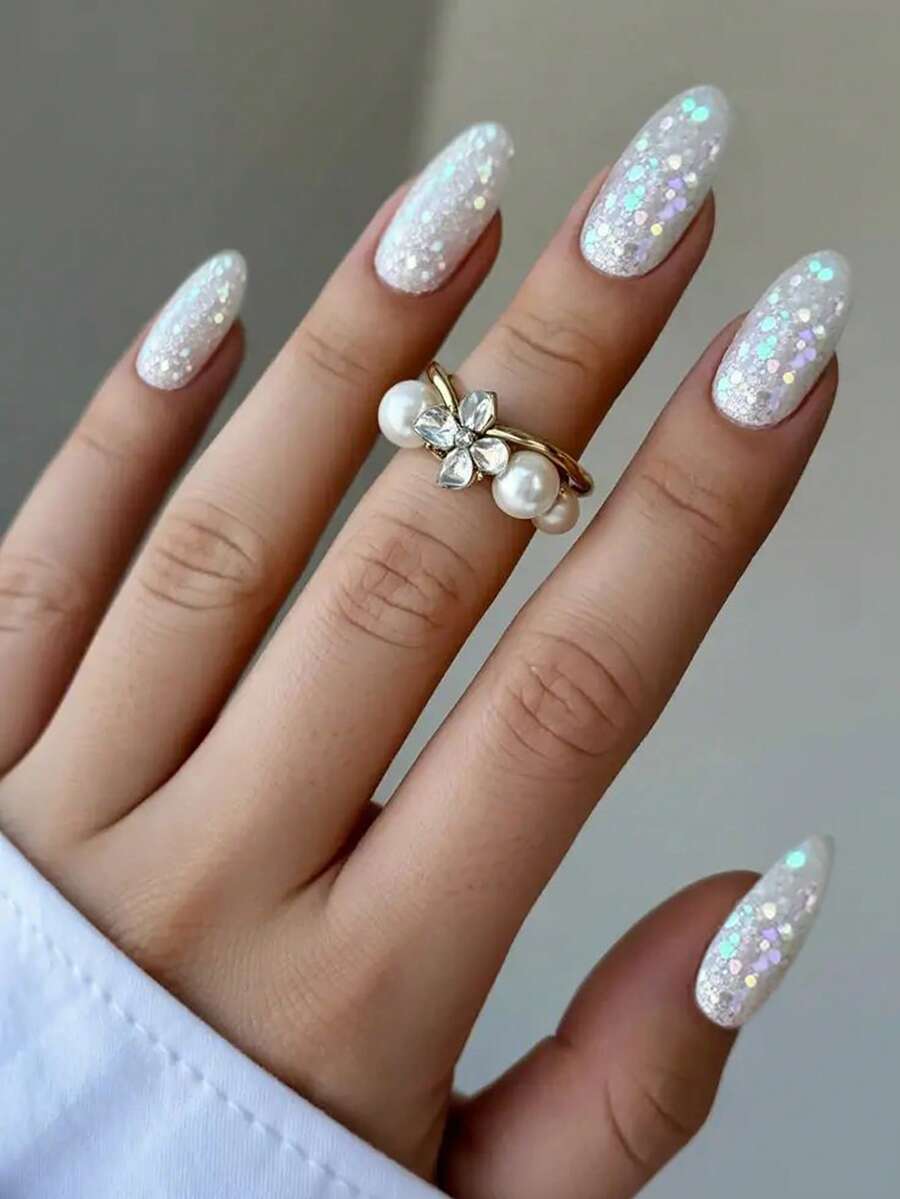 VV MEI JIA ER Bộ 24 miếng dán móng tay màu trắng bóng phủ UV, móng giả hình hạnh nhân, móng giả dán sáng bóng phù hợp cho phụ nữ và bé gái, kèm theo 1 băng dính và 1 dũa móng tay. - trắng - Xem 1