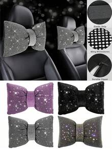 2pcs/Set 1pc Shiny Car Pillow - Car Headrest Bow Neck Support Pillow, Suitable For Drivers, With Rhinestone Bow Neck Support Cushion, Sleep Travel Neck Support Pillow, Suitable Rhinestone Car Interior Accessories For Women - Style a - View 2