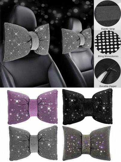 2pcs/Set 1pc Shiny Car Pillow - Car Headrest Bow Neck Support Pillow, Suitable For Drivers, With Rhinestone Bow Neck Support Cushion, Sleep Travel Neck Support Pillow, Suitable Rhinestone Car Interior Accessories For Women