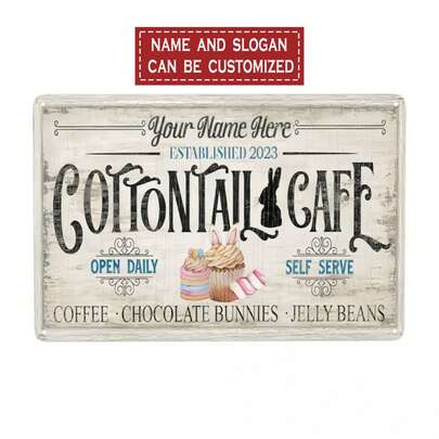 قطعة واحدة من رمز عيد الفصح المعدني القابل للتخصيص، أرنب ذيل القطن كافيه، فن الجدار الريفي، ديكور عطلة عتيق، 8 * 12 بوصة (20 * 30 سم) - لا يتطلب طاقة أو بطارية