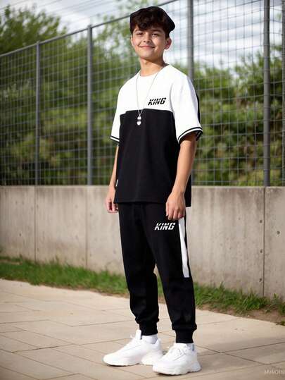 Tween Boy Cartoon Print Round Neck Short Sleeve T-Shirt And Pants Set