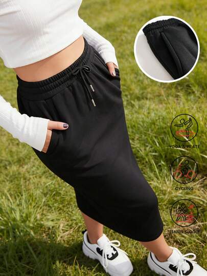 Women's Outdoor Skirt, Casual Outdoor Sports Style, Elastic Waist With Drawstring Adjustment, With Pockets, Back Slit Design For Convenient Hiking And Outdoor Activities