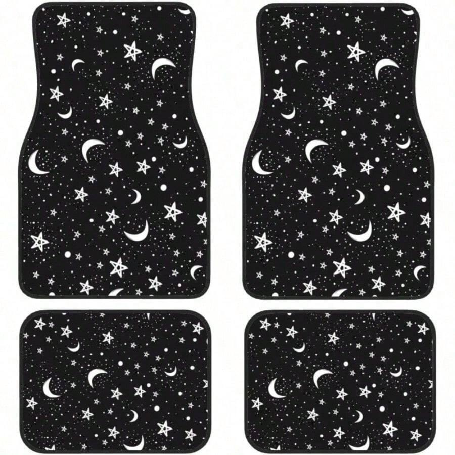 4pcs Black & White Celestial Car Floor Mats Set - Non-Slip Moon Phases, Stars & Night Sky Design (Crescent/Moon/Star) Fit For SUV, Truck, Van - Heavy-Duty All-Weather, Easy-Clean Auto Accessories - 月亮和星星 - 查看 1