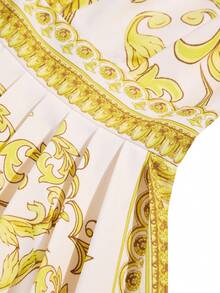 女士新款时尚复古印花迷你连衣裙——长袖、收腰、褶裥设计，适合日常通勤和度假穿着