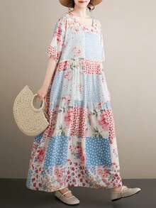 Đầm maxi dáng chữ A tay ngắn cổ tròn in họa tiết chắp vá, xếp ly, có túi, phong cách bohemian, thích hợp cho kỳ nghỉ hè, cỡ lớn dành cho nữ năm 2026. Đầm dài mùa hè dáng suông, ôm dáng và thoải mái, thanh lịch. - Nhiều màu - Xem 4