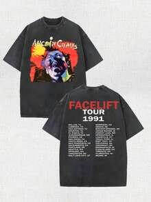 Alice's Face Was Transformed In The Chain Store. The New T-Shirt For The 1991 Concert Tour Was Retro, Casual, Loose, Round Neck, Short Sleeves, Washed Men's T-Shirts And Printed T-Shirts. - 黑色 - 查看 1