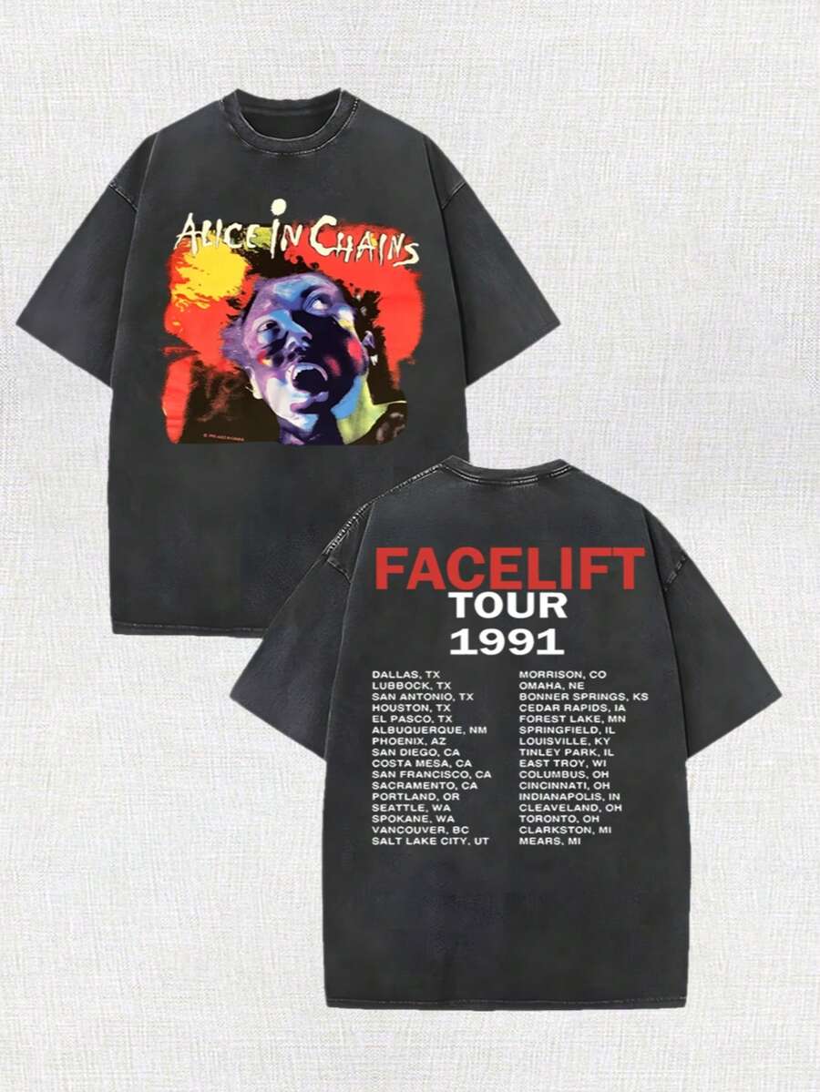 Alice's Face Was Transformed In The Chain Store. The New T-Shirt For The 1991 Concert Tour Was Retro, Casual, Loose, Round Neck, Short Sleeves, Washed Men's T-Shirts And Printed T-Shirts. - 黑色 - 查看 1