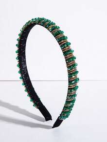 1pc Delicate Grid Fabric Crystal Headband, Korean Style Hair Accessory Hairband Hair Hoop - Green Coffee - View 4