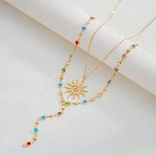 Vintage Colorful Rhinestone Multi-Layer Necklace Cross Pendant Zinc Alloy Gold Plated Stacked Wear Collarbone Chain - Style 1 - View 3