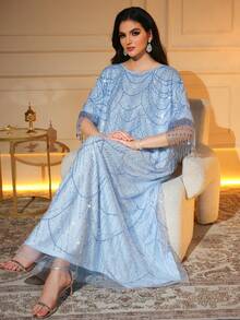 Vestido Longo de Festa Elegante para Mulheres, Manga Curta Gola Redonda, Decorado com Borla de Contas e Detalhes de Lantejoulas, Casamento Primavera - Azul celeste - Visão 8