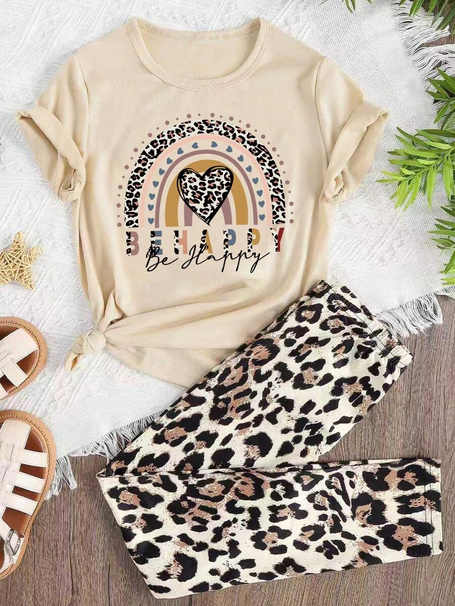 Tween Girl Leopard Print Heart & Letter Graphic Short Sleeve T-Shirt And Leggings Casual Outfit - Apricot - View 1