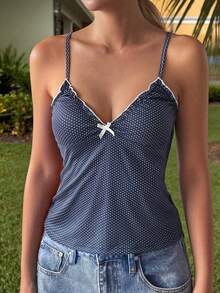 Sunny Girl Style Summer Valentine's Day Women's Y2K Back To School Casual Beach Vacation Sexy Polka Dot Print V-Neck Bow Decor Knit Top - Navy Blue - View 5