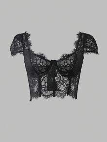 RAHQ 1pc Sexy Lace Sheer Bustier Top - Y2K Aesthetic Hollow Out Crop Top, Suitable For Party And Date - Black - View 1