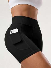 Spring/Summer Women's Plus Size Black High-Waisted Tight Yoga Shorts, Side Pockets, Slim Fit, Suitable For Cycling, Running, Fitness Training, Daily Wear - Black - View 5