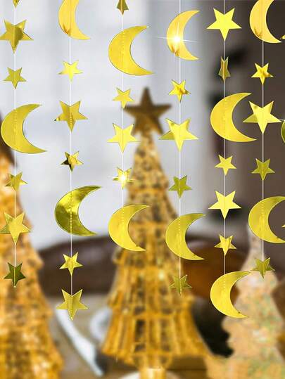 中东节日派对装饰 - 闪光五芒星、新月、悬挂的星星和月亮、魔法星星和月亮悬挂装饰，适用于各种节日和派对背景