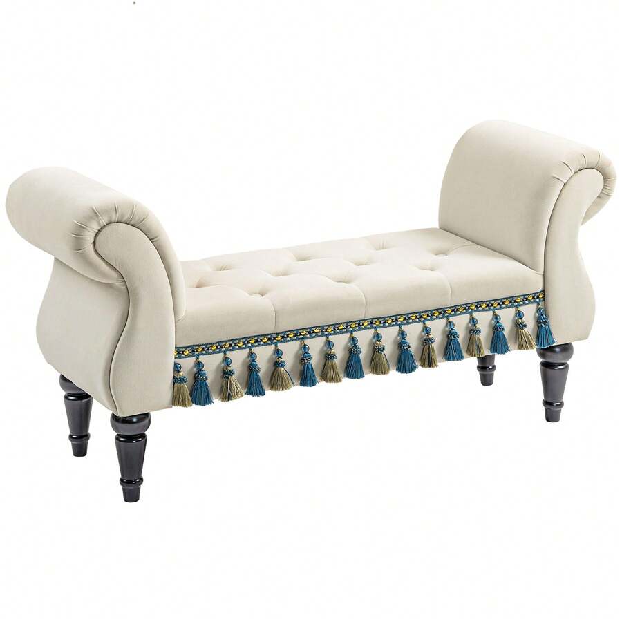 Upholstered Bedroom Sofa With Armrests, Vintage Style Satin Design, Wooden Base, Load Capacity Of 150 Kg, Dimensions 117x40x58 Cm, Beige. - Beige - View 1