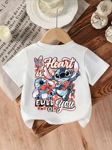 Disney Girls' T-Shirt, Creative Stitch Alphabet Heart Cartoon Double-Sided Print, Summer Girls' Cotton Crew Neck Short Sleeve, Suitable For Everyday Wear, Holidays, Outdoor Activities, And As A Gift For Children. - trắng - Xem 5