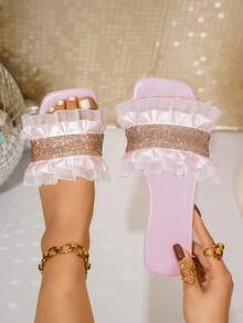 新款女士褶皱荷叶边网眼舒适柔软沙滩凉鞋，优雅水钻平底鞋，粉色 - 淺粉色 - 查看 1