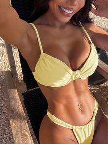 Traje de baño de mujer, bikini básico sexy en estilo rojo sexy y azul claro sólido, bañador retro para la playa para mujer, disfraz de fiesta de Navidad, regalo para ella, vacaciones de San Valentín de verano - Amarillo - Ver 5