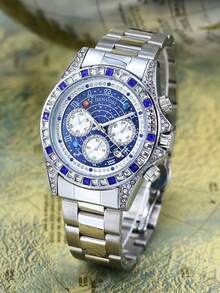 1pc Men's Luxury Twelve Constellation Planet Fully Iced-Out Luminous Analog Watch With Stainless Steel Waterproof Strap